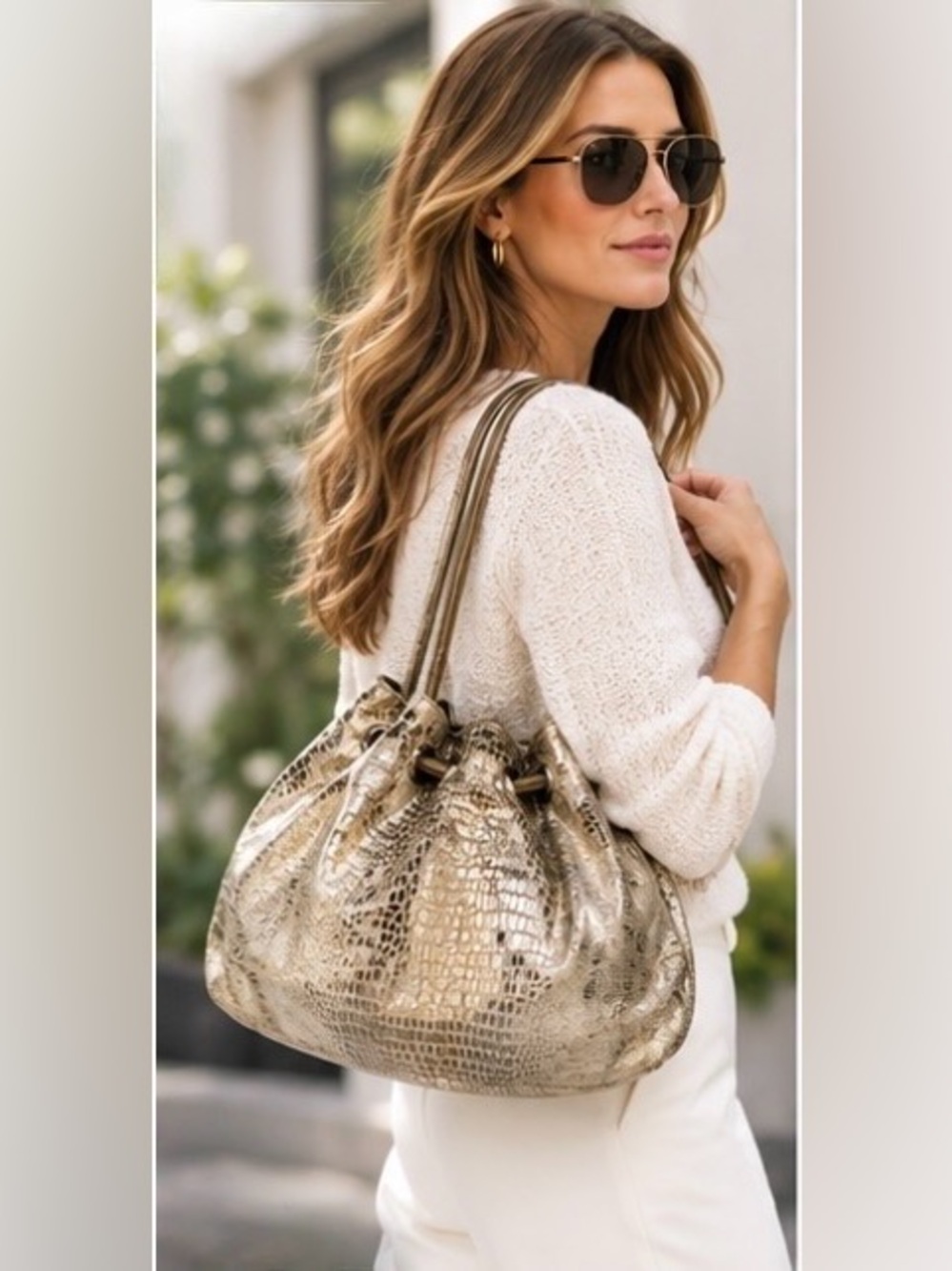 Chez by Cheryl Nordstrom Metallic Gold Snake Embossed Leather Large Hobo Bag